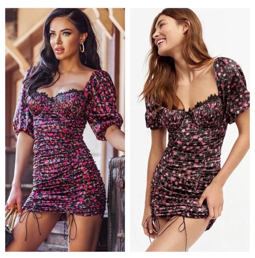 For Love and Lemons Melrose Mini Dress Medium Floral Puff Sleeve Ruched Corset